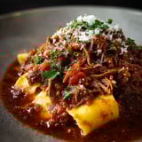 A plate of beef ragu with herbs on top.