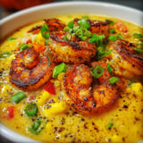 A bowl of blackened shrimp and corn chowder.