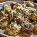 A plate of mushrooms covered in garlic and Parmesan cheese.