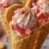 A cone filled with strawberry crunch cheesecake.