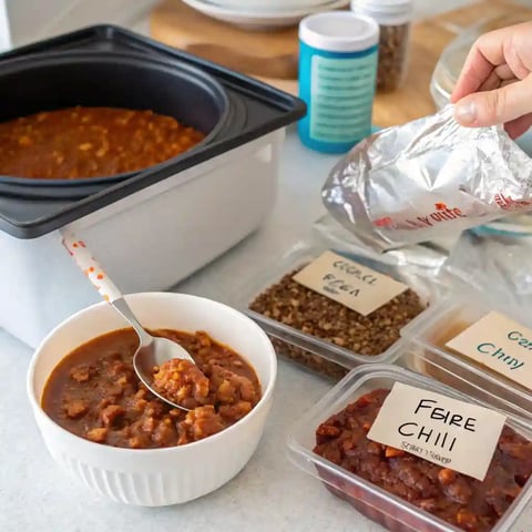 A bowl of chili is next to a bag of chili.