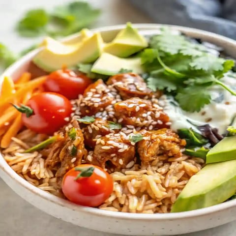 A bowl of food with rice, tomatoes, and avocado.