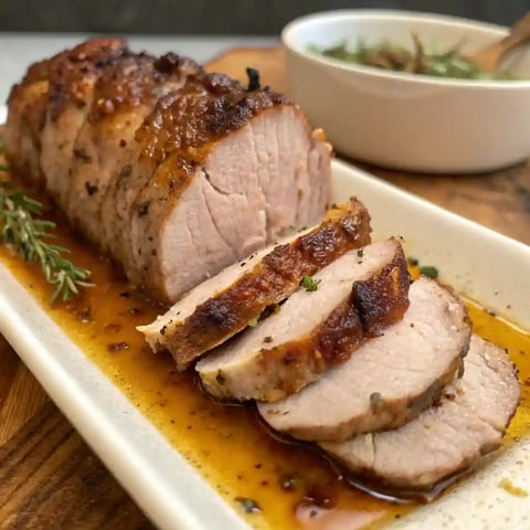 A pork roast is on a white plate.