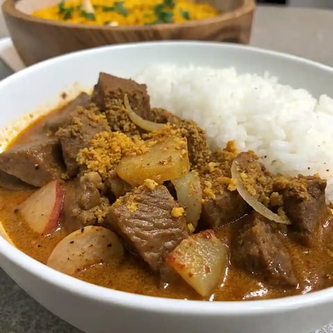 A bowl of slow cooker beef curry.