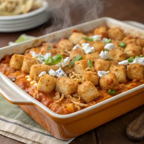 A dish of buffalo chicken tater tot casserole.