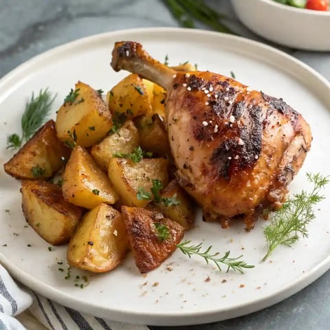 A plate of food with a chicken and potatoes.