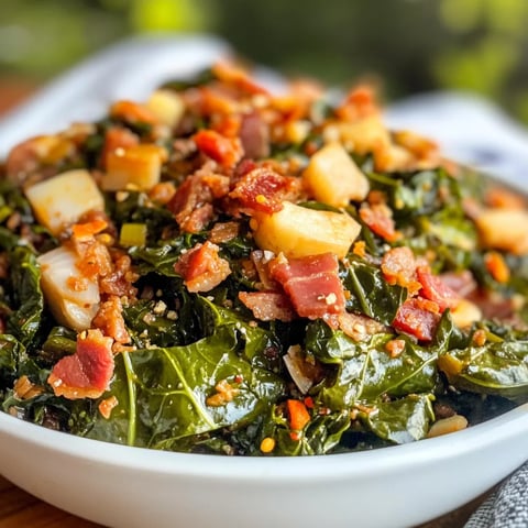 A bowl of collard greens with bacon.