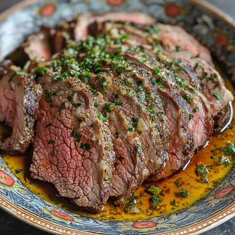A plate of roast beef with herbs on top.