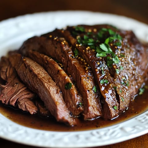 A London Broil steak on a white plate.
