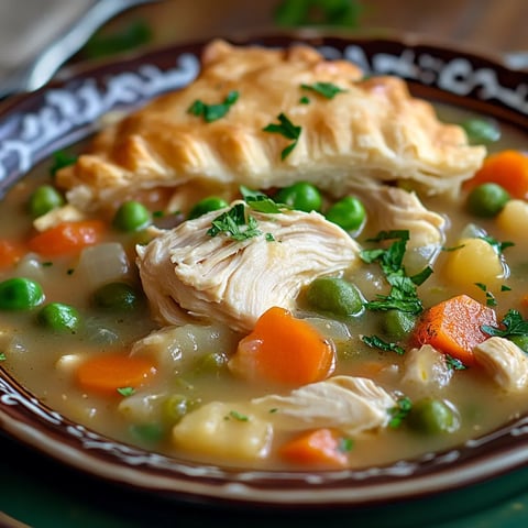 A bowl of chicken pot pie soup.