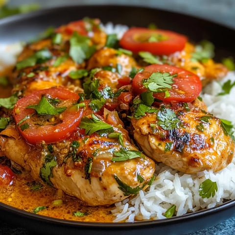A plate of chicken with tomatoes and herbs.