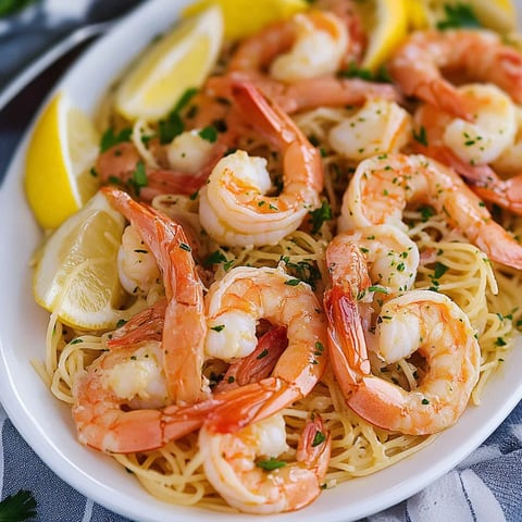 A plate of shrimp scampi with lemon wedges.