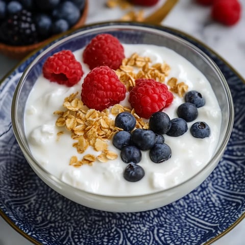 A bowl of yogurt with berries and granola.