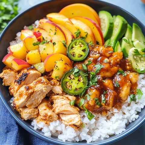 A bowl of food with peaches, jalapenos, and chicken.