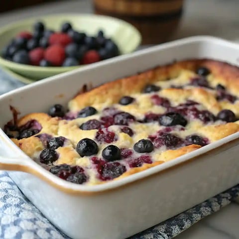 A blueberry cottage cheese breakfast bake in a white bowl.