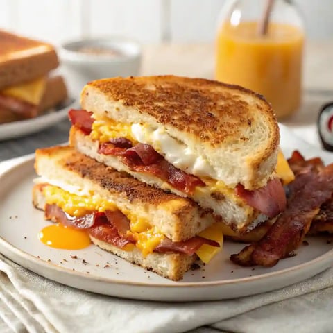 A grilled cheese sandwich with bacon and egg.