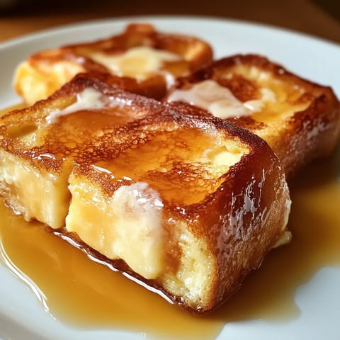 French toast with syrup on a white plate.