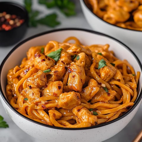 A bowl of firecracker chicken with noodles.