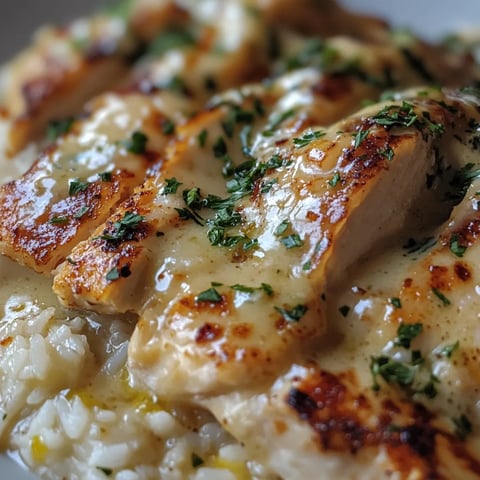 A plate of creamy smothered chicken and rice.