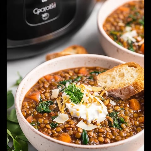 A bowl of lentil soup with a slice of bread on top.
