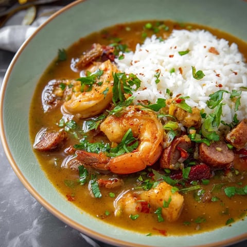 A bowl of slow cooker spicy gumbo with shrimp and rice.