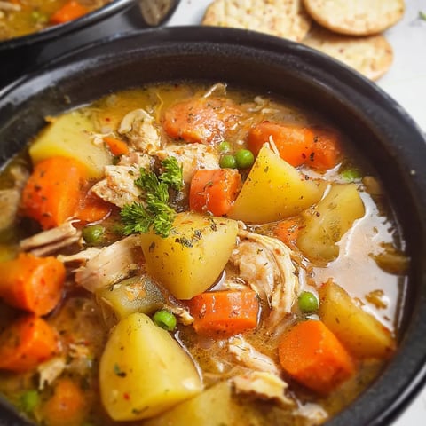 A bowl of chicken stew with carrots and potatoes.