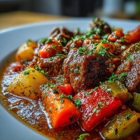 A plate of beef stew with vegetables.