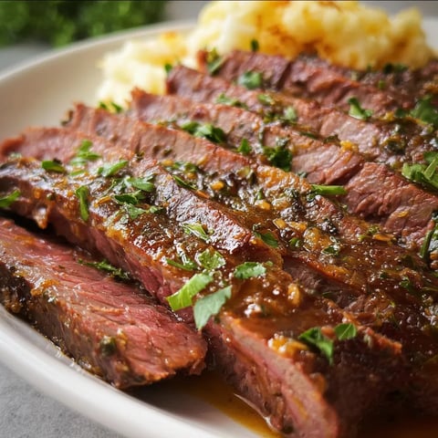 A plate of slow cooker flank steak.