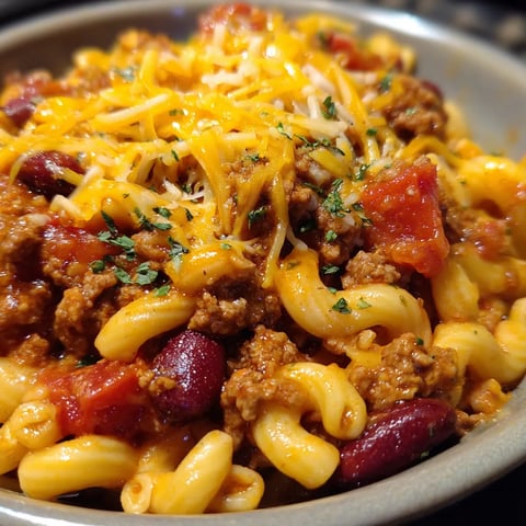 A bowl of chili mac with cheese and beans.