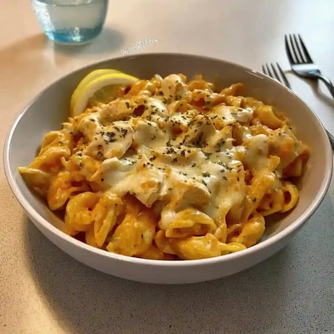 A bowl of cheesy chicken pasta.