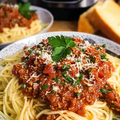 A plate of spaghetti with meat sauce.