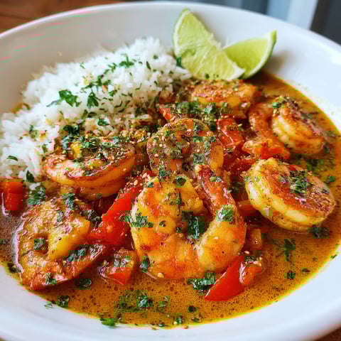 A bowl of shrimp curry with rice and lime.