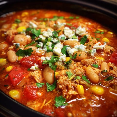 A slow cooker filled with chicken, beans, corn, and tomatoes.