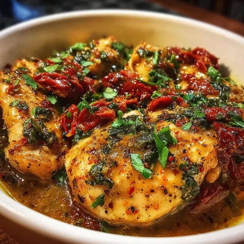 A bowl of chicken with herbs and spices.