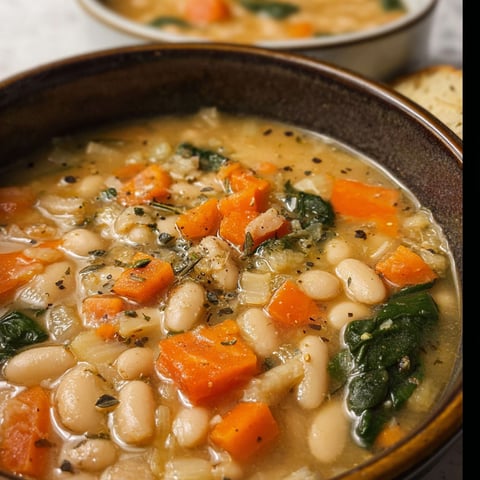 A bowl of soup with carrots and beans.