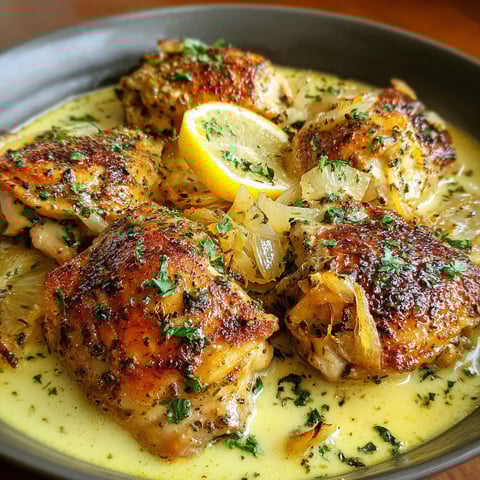 Chicken thighs with a creamy lemon sauce.