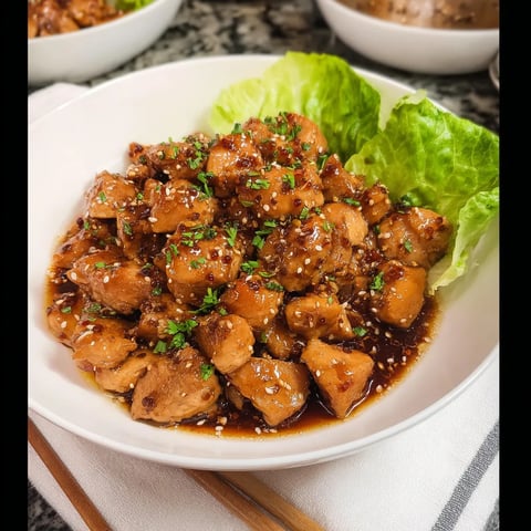 A bowl of chicken with a green leaf on top.