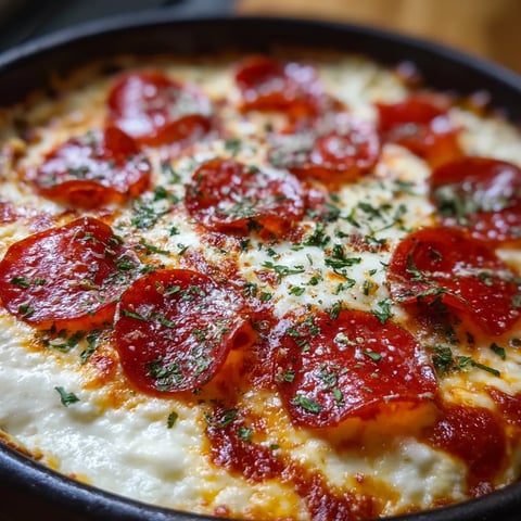 A close up of a pizza dip with pepperoni and cheese.
