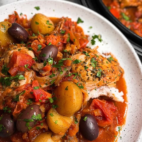 A plate of food with chicken, potatoes, and olives.