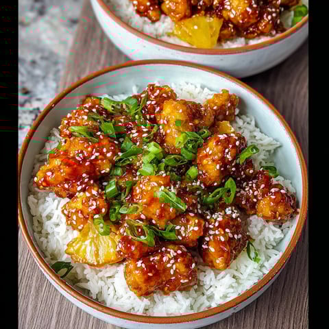 A bowl of sesame chicken with rice.