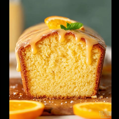 A slice of orange pound cake with a green mint leaf on top.