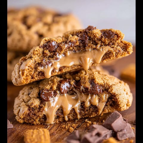 Chocolate chip biscoff cookies with caramel drizzle.