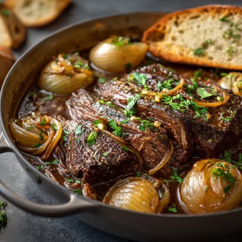 A pot of French onion pot roast with bread.