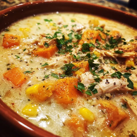 A bowl of chicken and sweet potato chowder.