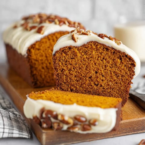 A loaf of bread with cream cheese frosting and nuts on top.