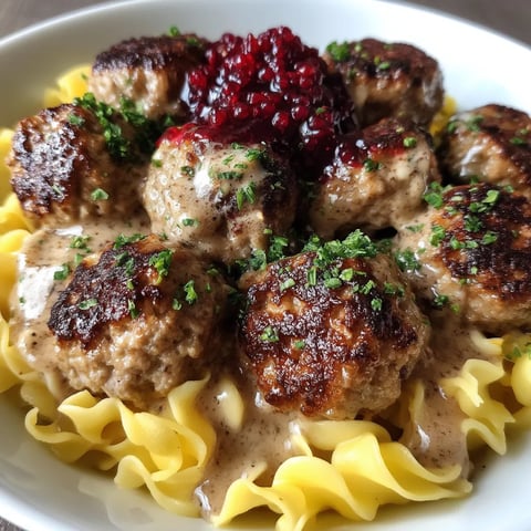 A plate of meatballs with gravy and a cherry on top.