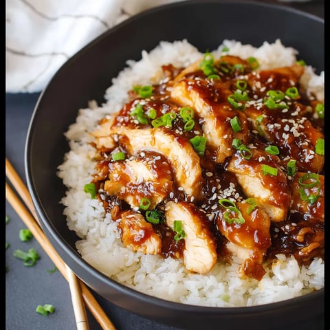 A bowl of rice with chicken and sauce.