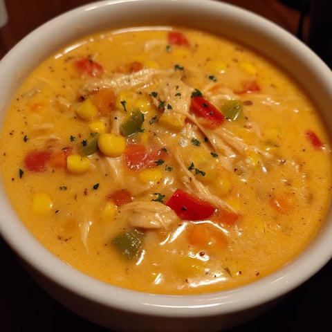 A bowl of soup with chicken and corn.