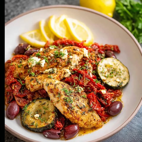 A plate of Greek chicken with lemon, olives, and tomatoes.