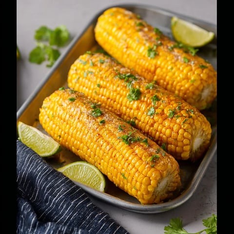 A pan of corn on the cob with lime wedges.